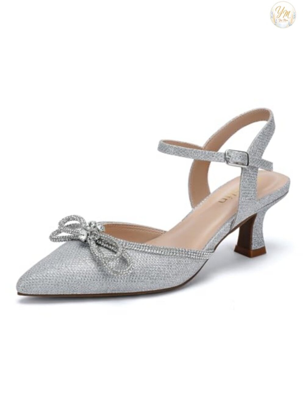 Wide Width Kitten Heels Rhinestone Bow Pointed Toe Pumps